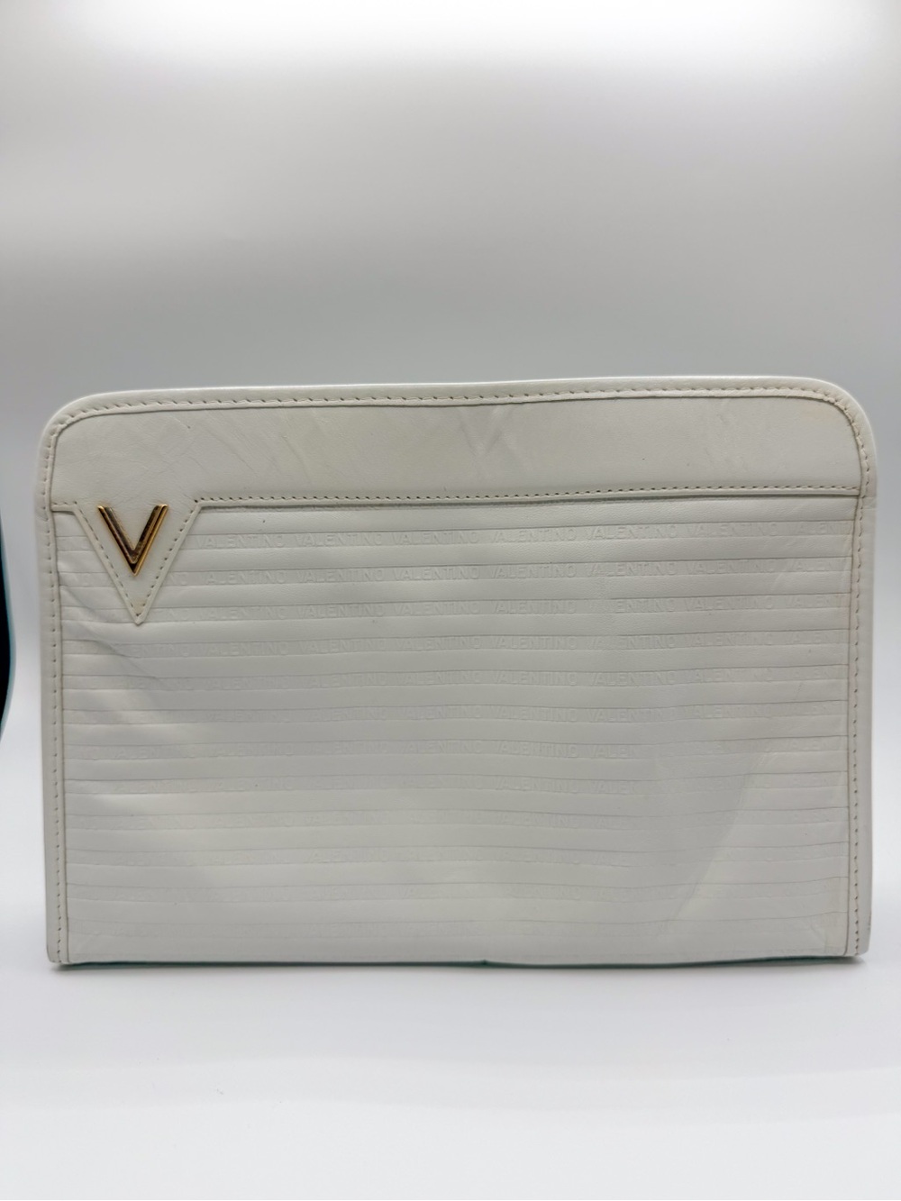 Mario Valentino White Leather Clutch with Gold V Detail